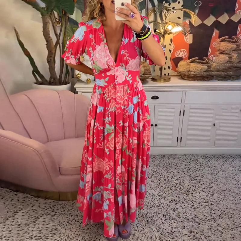 Floral Pattern Pocket Dress with V-neckline