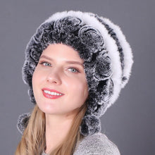 Load image into Gallery viewer, Warm Flowers Striped Real Rex Rabbit Fur Hats