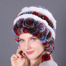 Load image into Gallery viewer, Warm Flowers Striped Real Rex Rabbit Fur Hats