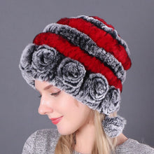 Load image into Gallery viewer, Warm Flowers Striped Real Rex Rabbit Fur Hats