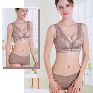 Stripes Lace Push-Up Seamless Breathable Zipper Bra