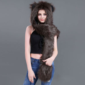 3 in 1 Furry Hooded Scarf with Paws and Ears