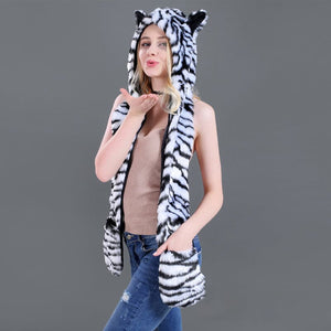 3 in 1 Furry Hooded Scarf with Paws and Ears