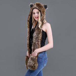 3 in 1 Furry Hooded Scarf with Paws and Ears