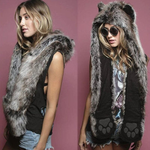 3 in 1 Furry Hooded Scarf with Paws and Ears
