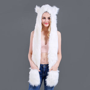 3 in 1 Furry Hooded Scarf with Paws and Ears
