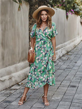 Load image into Gallery viewer, Casual Floral V Neck Short Sleeve Asymmetrical Long Dress