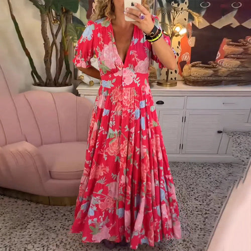 Floral Pattern Pocket Dress with V-neckline