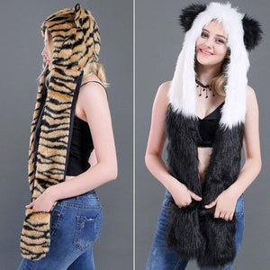 3 in 1 Furry Hooded Scarf with Paws and Ears