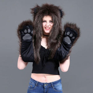 3 in 1 Furry Hooded Scarf with Paws and Ears