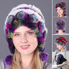Load image into Gallery viewer, Warm Flowers Striped Real Rex Rabbit Fur Hats