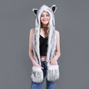3 in 1 Furry Hooded Scarf with Paws and Ears
