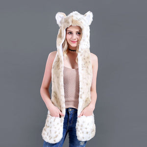 3 in 1 Furry Hooded Scarf with Paws and Ears