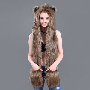 3 in 1 Furry Hooded Scarf with Paws and Ears