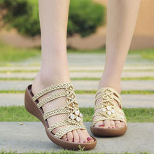 Load image into Gallery viewer, Hollow Out Weave Opened Toe Rhinestone Wedges Slippers