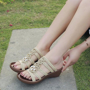 Hollow Out Weave Opened Toe Rhinestone Wedges Slippers