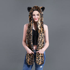 3 in 1 Furry Hooded Scarf with Paws and Ears