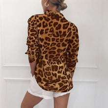 Load image into Gallery viewer, Women Long Sleeve Sexy Leopard Print Turn Down Collar Blouse