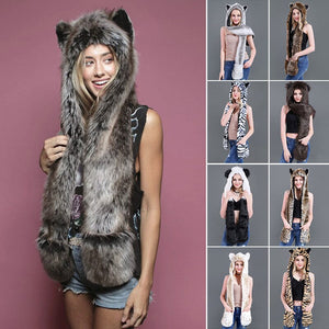 3 in 1 Furry Hooded Scarf with Paws and Ears