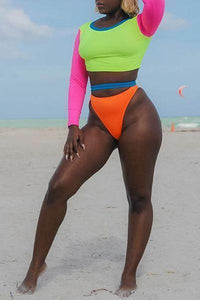 New Round Neck Neon Color Block Bikini