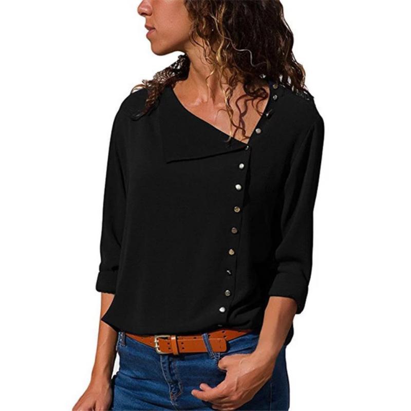 Women Skew Collar Solid Office Casual Blouse