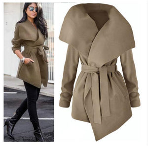 Women Sexy V Neck Belt Lace-up Solid Casual Overcoats