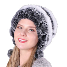 Load image into Gallery viewer, Warm Flowers Striped Real Rex Rabbit Fur Hats